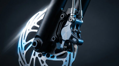 A close-up of a hydraulic disc brake caliper and rotor on an electric scooter, highlighted with dramatic studio lighting against a dark background.