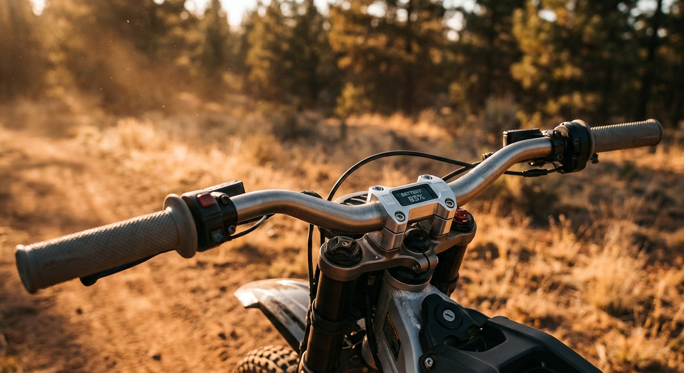 Close-up rider's-eye view of electric dirt bike handlebars with grips and clamp in sharp focus against a blurred forest trail background in warm golden light.