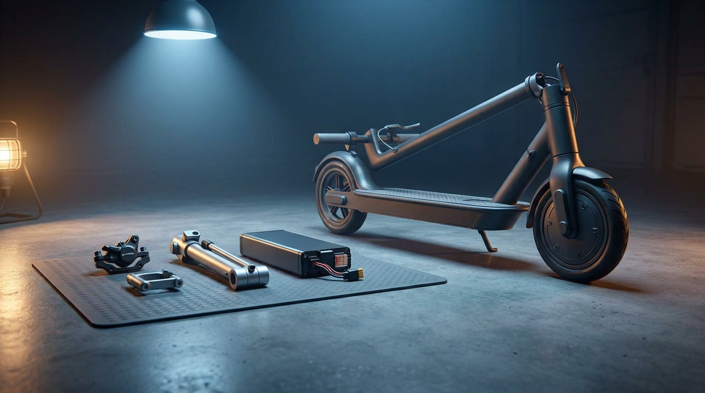 An electric scooter resting on a workshop floor beside disassembled components including a brake caliper, stem joint, and battery module laid out for inspection under dramatic lighting.