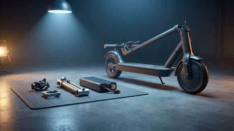 An electric scooter resting on a workshop floor beside disassembled components including a brake caliper, stem joint, and battery module laid out for inspection under dramatic lighting.