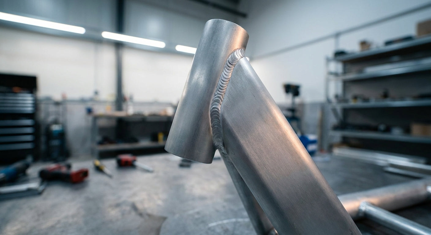 Close-up of a brushed aluminum electric scooter frame highlighting a precision-welded joint and thick-gauge metal construction in a clean industrial setting.