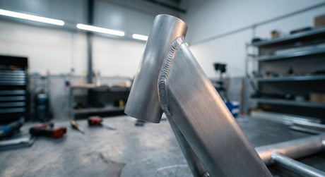 Close-up of a brushed aluminum electric scooter frame highlighting a precision-welded joint and thick-gauge metal construction in a clean industrial setting.
