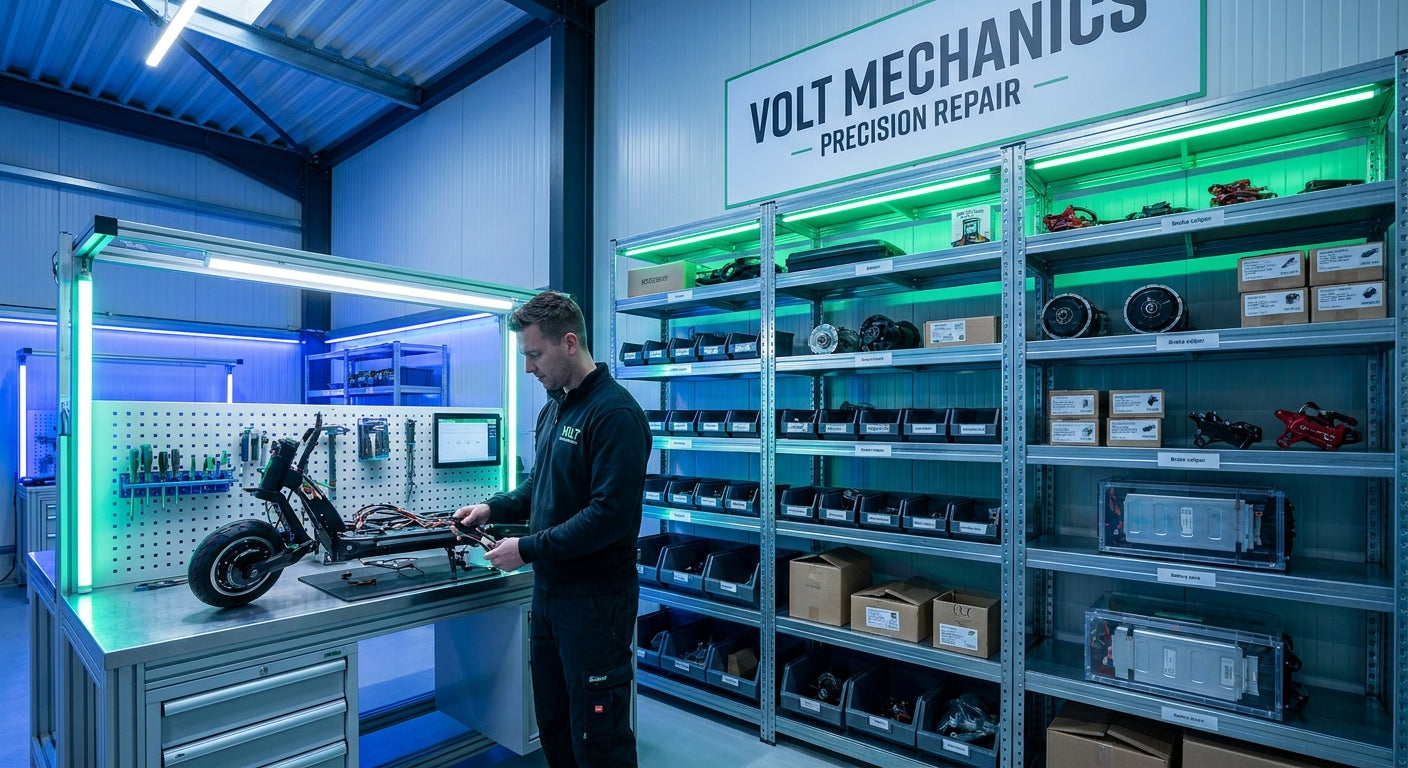 A professional electric scooter repair technician works at a well-stocked workshop bench surrounded by organized shelves of bulk spare parts.