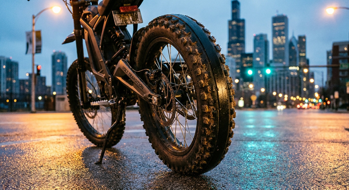 A sleek electric dirt bike parked on a wet urban street at dusk, with its tire in sharp focus against a glowing city skyline backdrop.